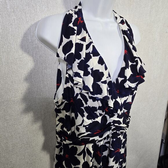 Evan Picone dress Floral Deep V sleevless Size 14 Blue White Red - Picture 3 of 13